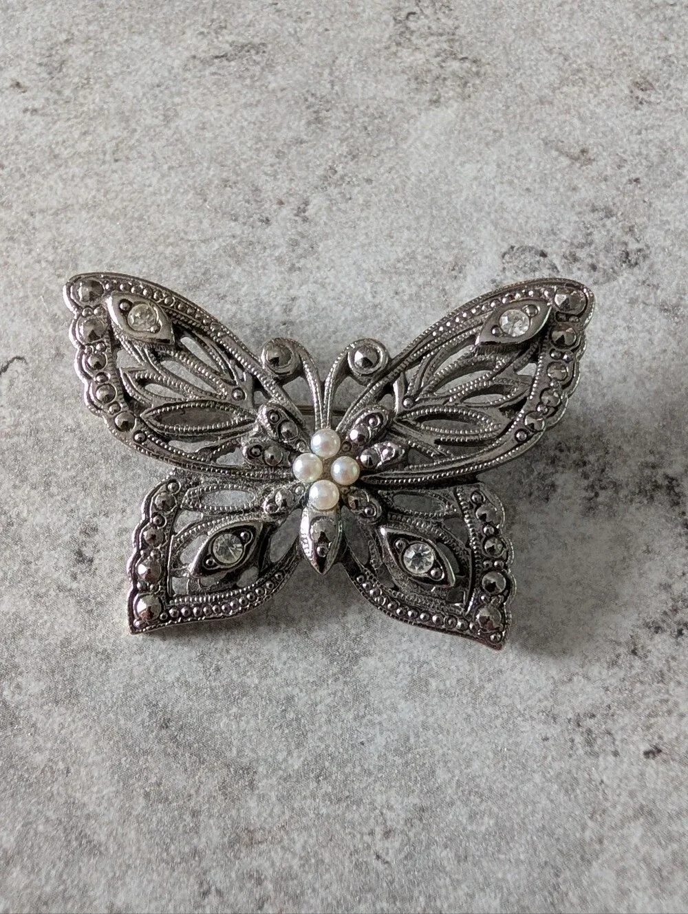 Vintage Avon Butterfly Brooch with Faux Pearl And Clear Rhinestone Accents